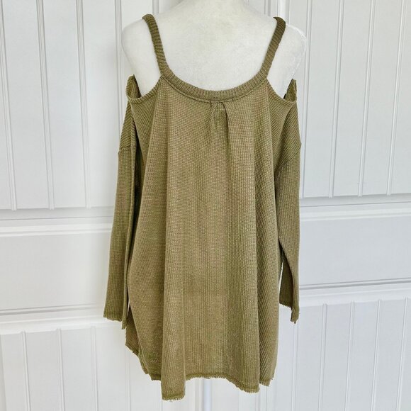 ANTHROPOLOGIE Deletta Millipa Cold Shoulder Waffle Knit Olive Swing Top - Med - Picture 8 of 13